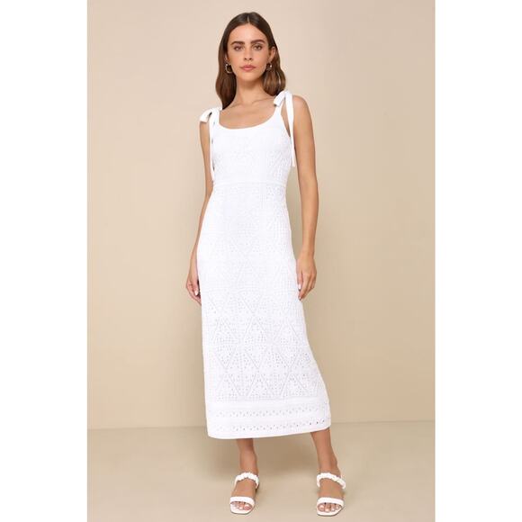 Lulus White Crochet Tie Shoulders Strap Midi Dress Size Medium Resort Coastal - Picture 2 of 14